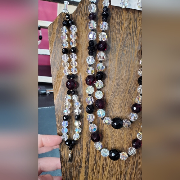 Vintage necklace Bracelet earring set. AuroraBorealis black garnet glasscrystal - Picture 7 of 15